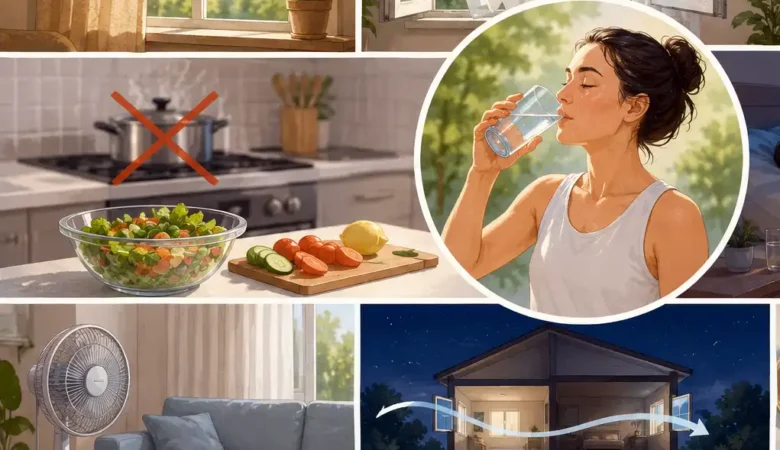 Drinking water regularly, creating a cool through draft at night, and not cooking hot meals are among the tips for staying cool