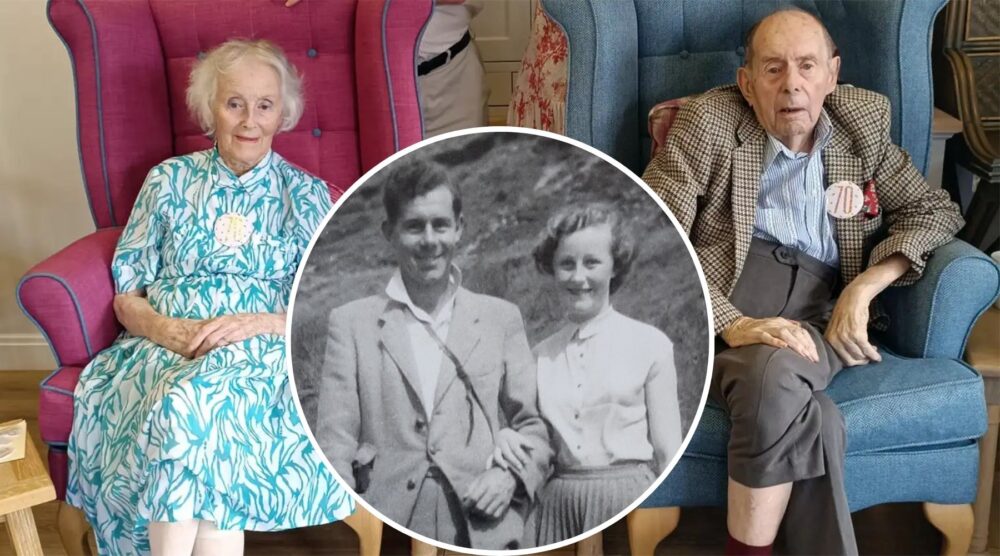 Mary and Teddy celebrating their 70th wedding anniversary and inset, in their younger days