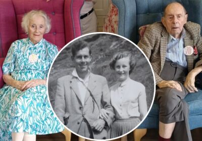 Mary and Teddy celebrating their 70th wedding anniversary and inset, in their younger days