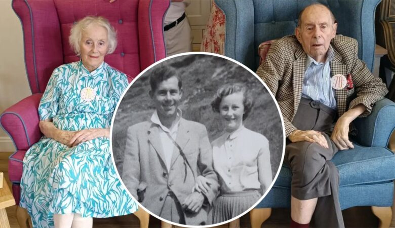 Mary and Teddy celebrating their 70th wedding anniversary and inset, in their younger days
