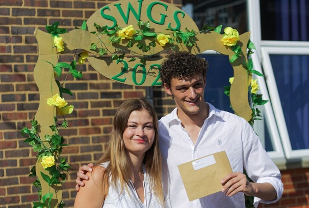 South Wilts Grammar School's Libby Feest and Joel Finch collecting their A-Level results. Picture: SWGS