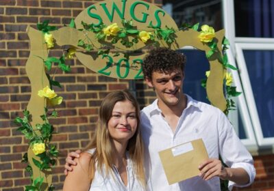 South Wilts Grammar School's Libby Feest and Joel Finch collecting their A-Level results. Picture: SWGS
