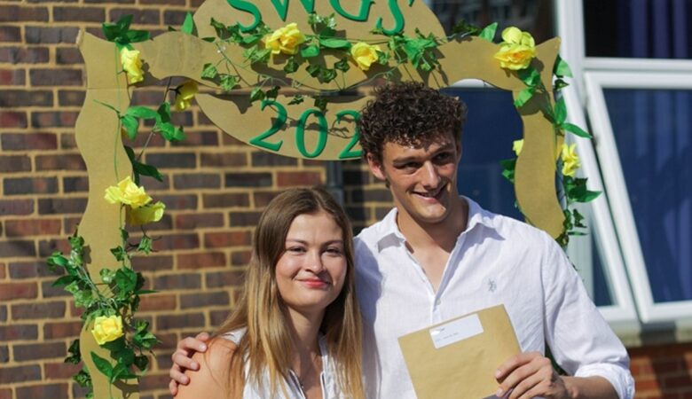 South Wilts Grammar School's Libby Feest and Joel Finch collecting their A-Level results. Picture: SWGS