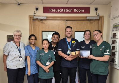 Braemar Lodge Home Manager Jackie Cash, far left, at Salisbury Hospital’s accident and emergency department handing out treats from residents and colleagues at the Colten Care home. Picture: Colten Care